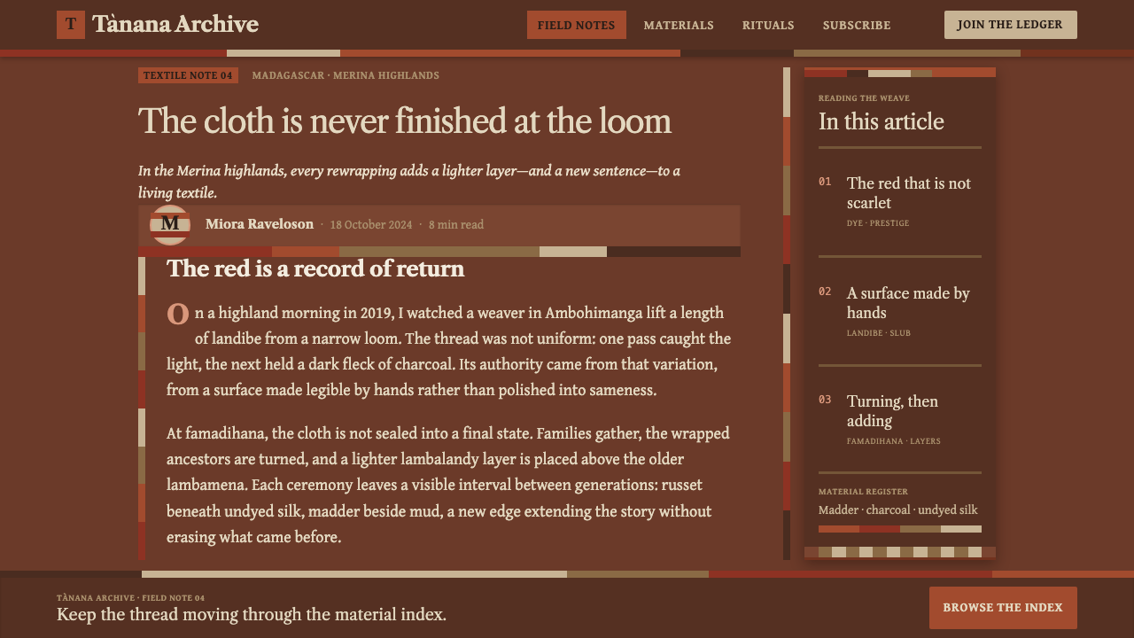 Merina Lambamena design style applied to a Article page