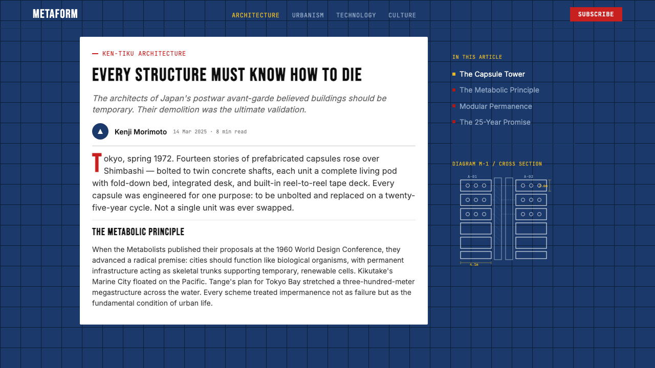 Metabolism Tokyo (1960) design style applied to a Article page