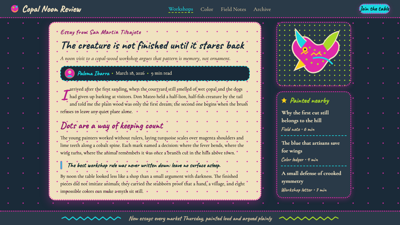 Mexican Alebrije Oaxaca (Linares 1936) design style applied to a Article page