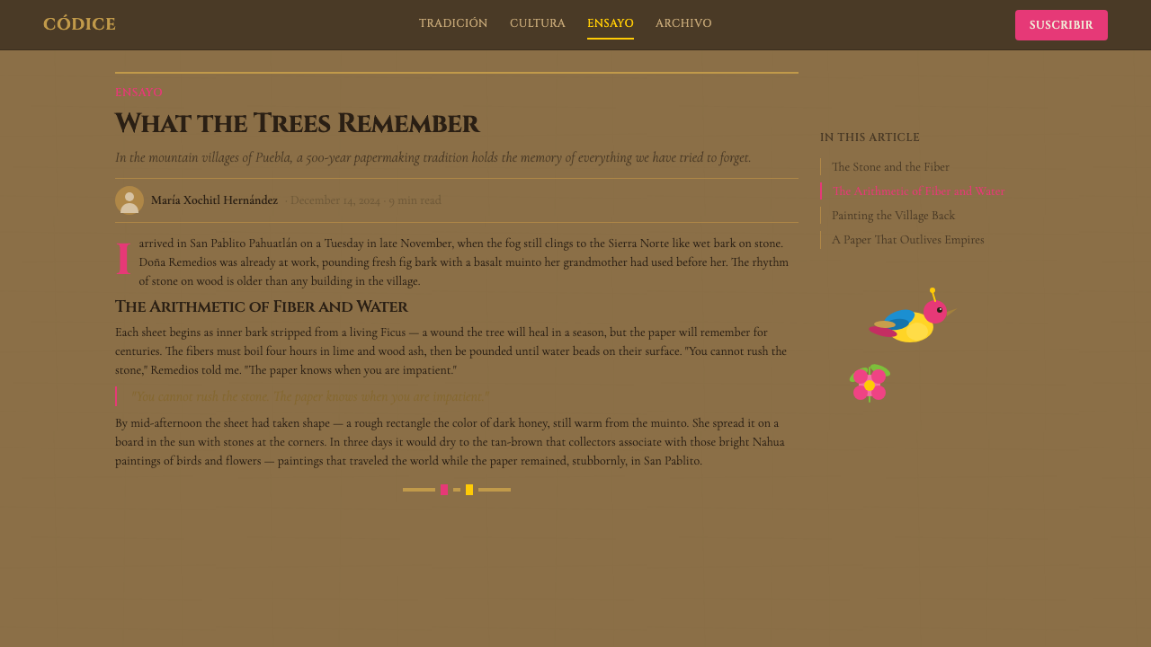 Mexican Amate Bark Paper design style applied to a Article page