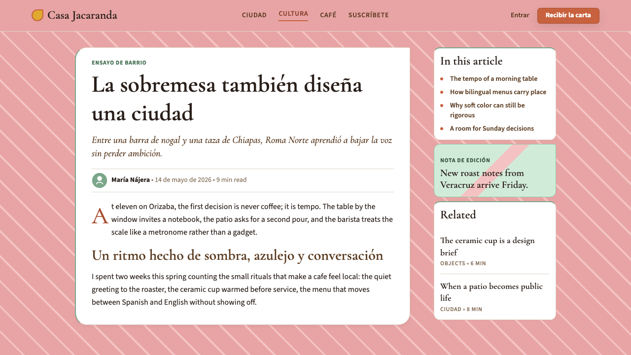 CDMX Roma Norte Cafe design style applied to a Article page