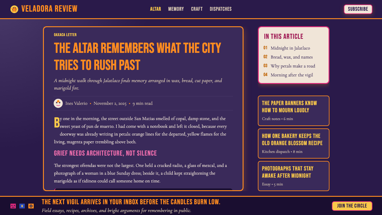 Mexican Día de Muertos (Marigold Ofrenda) design style applied to a Article page