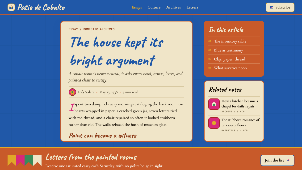Mexican Frida Blue House (Coyoacán 1930) design style applied to a Article page