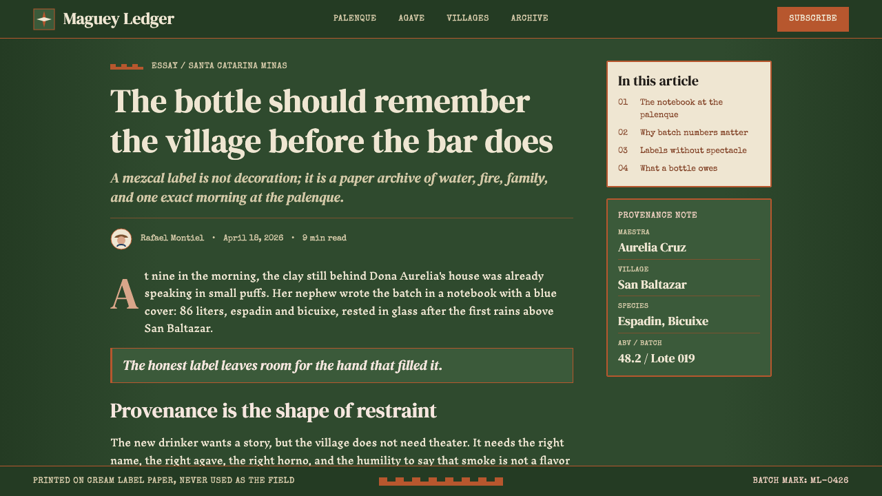 Mexican Mezcal Craft design style applied to a Article page