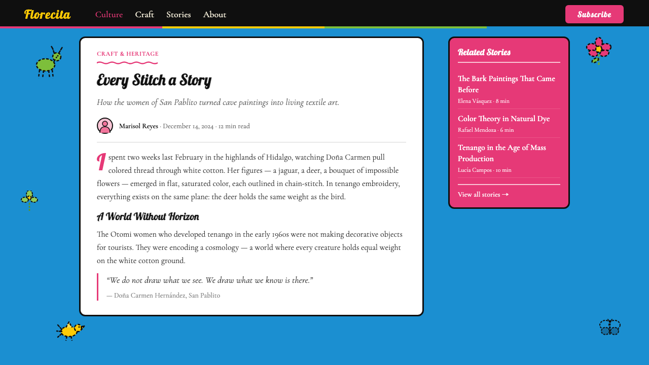 Mexican Otomi Tenango design style applied to a Article page