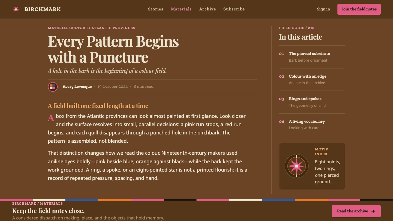 Miʼkmaq Quillwork design style applied to a Article page