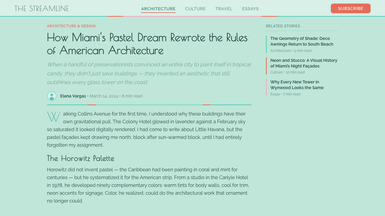 Miami Art Deco Pastel design style applied to a Article page