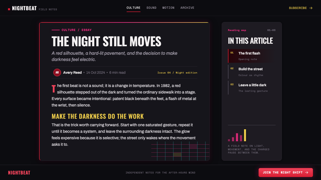 Thriller (1982) design style applied to a Article page