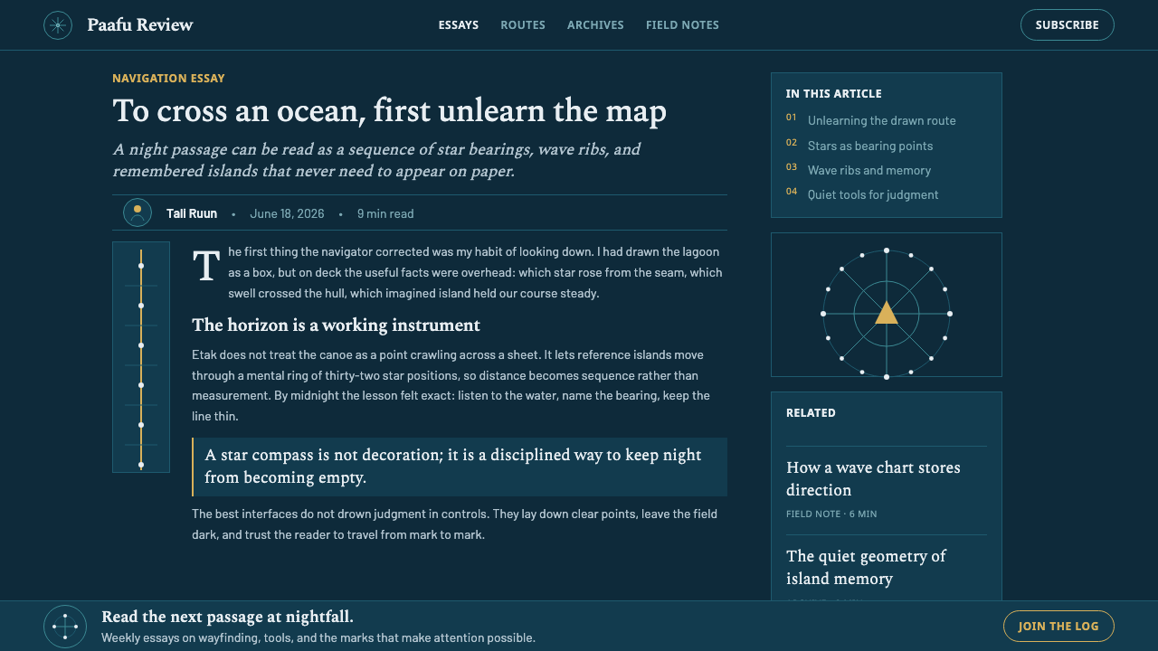 Micronesian Etak Star Compass design style applied to a Article page