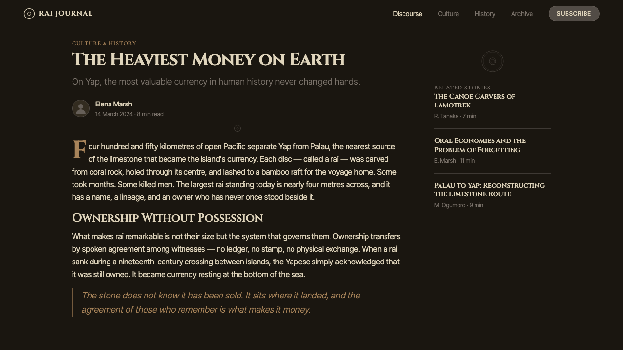 Yapese Stone Money (Micronesia) design style applied to a Article page