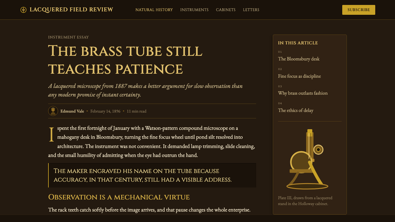 Victorian Brass Microscope design style applied to a Article page