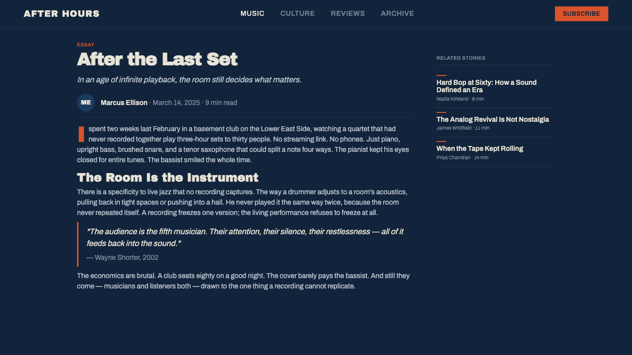 Blue Note Jazz design style applied to a Article page