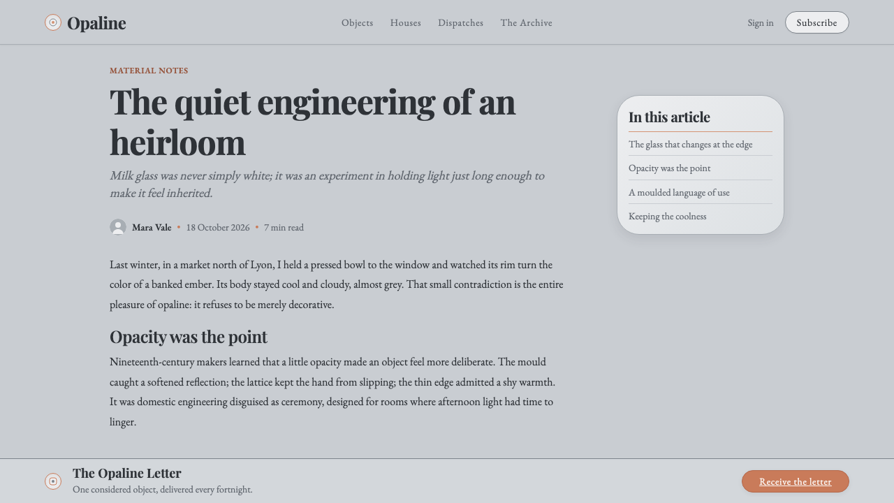 Milk Glass Opaline design style applied to a Article page