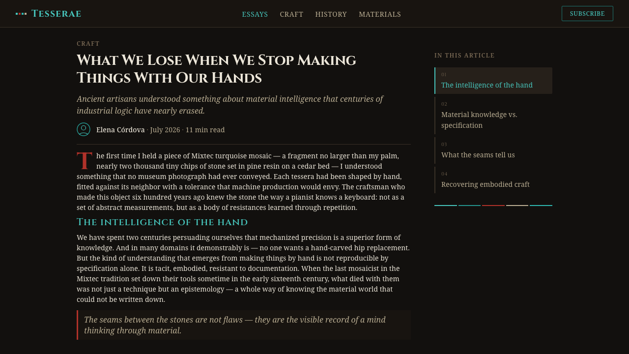 Mixtec Turquoise Mosaic design style applied to a Article page