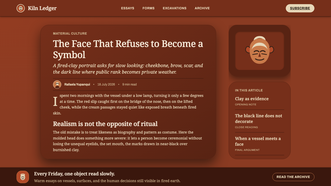 Moche Portrait Vessel design style applied to a Article page