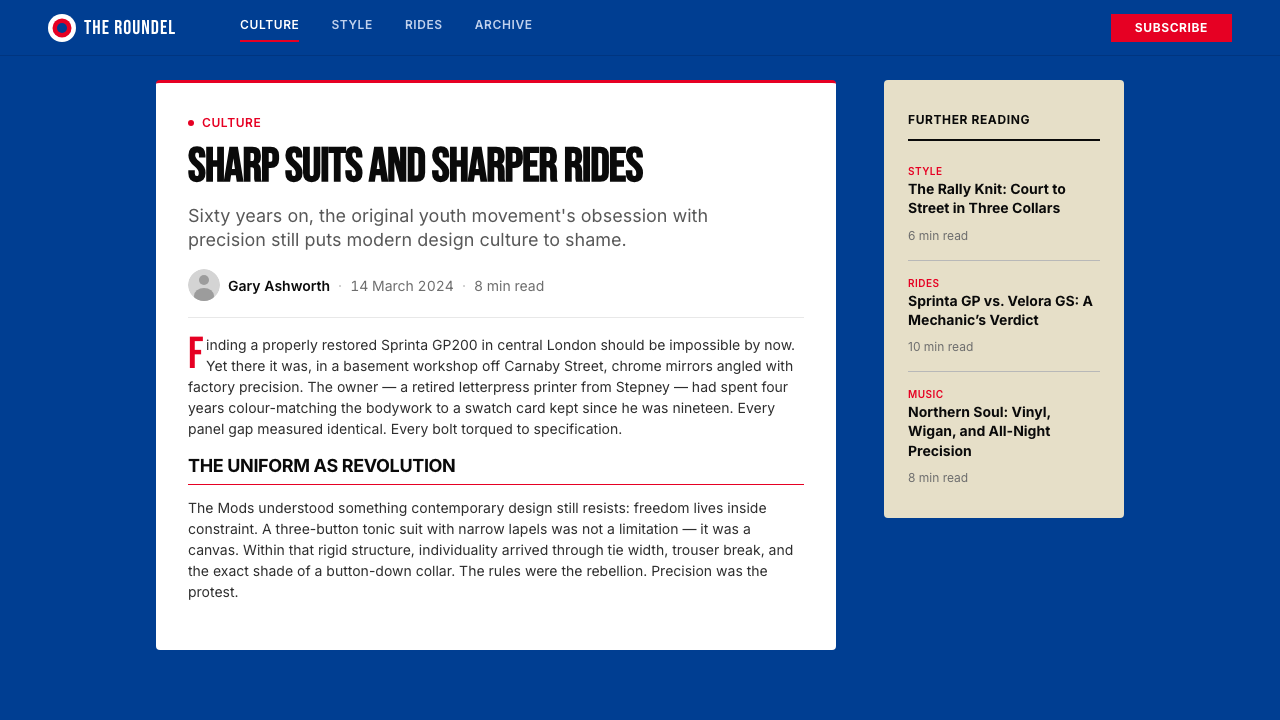 Mod Vespa London (1964) design style applied to a Article page