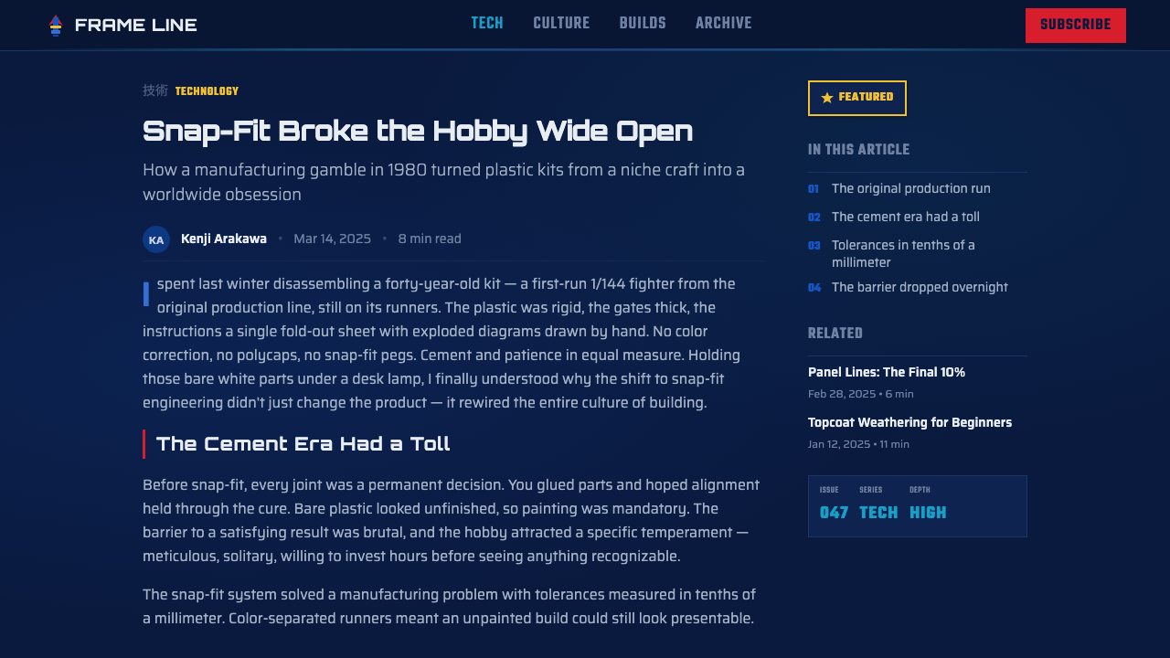 Gunpla Model Box design style applied to a Article page