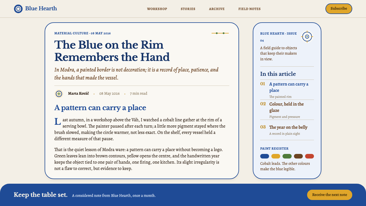 Modra Majolica design style applied to an Article page