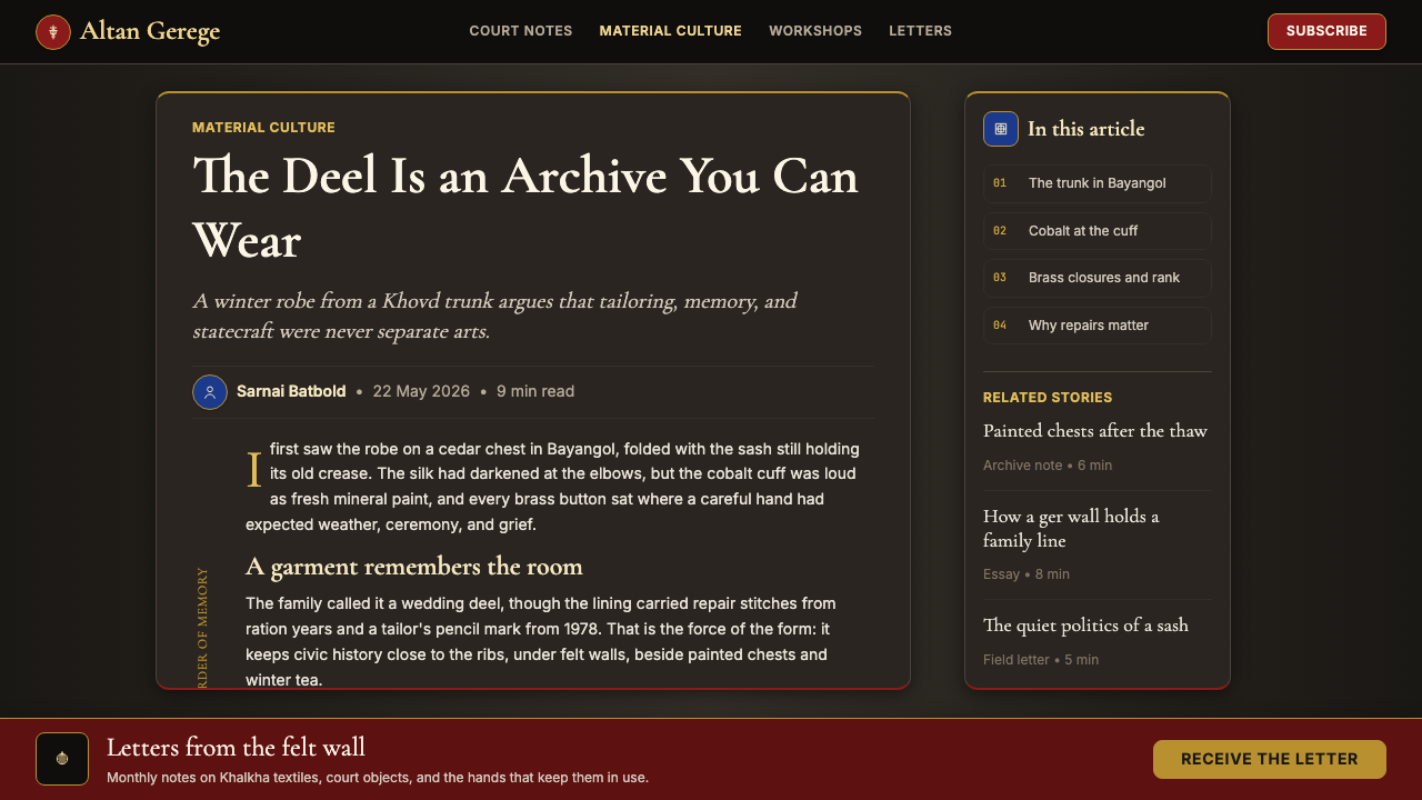 Mongolian Deel & Ger Felt design style applied to a Article page