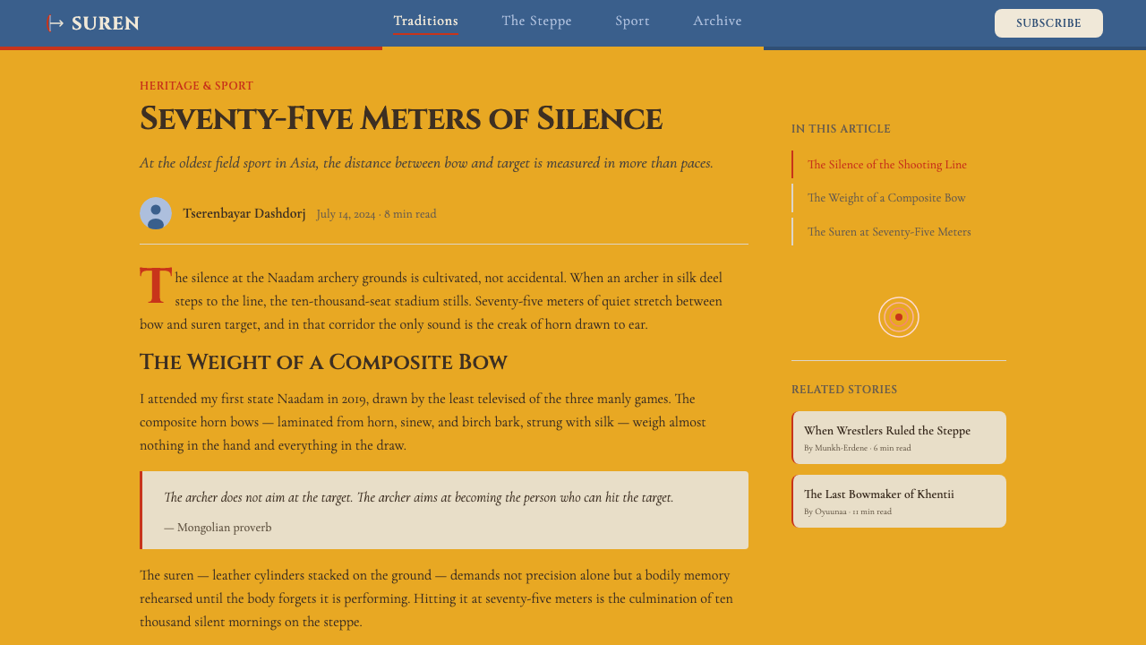 Mongolian Naadam Archery design style applied to a Article page