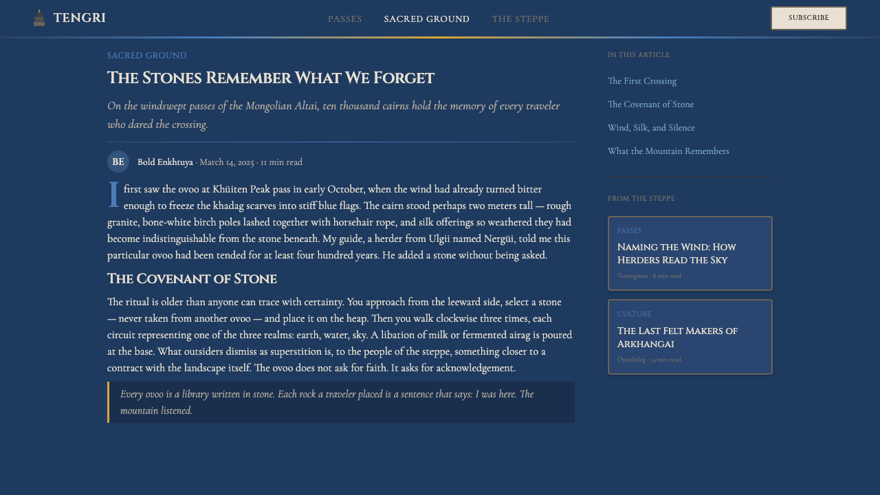 Mongolian Ovoo (Cairn Prayer Site) design style applied to a Article page