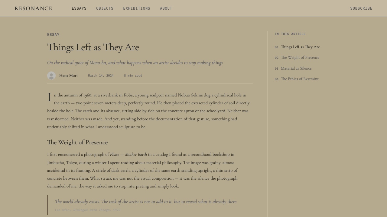 Mono-ha (Lee Ufan, 1968) design style applied to a Article page