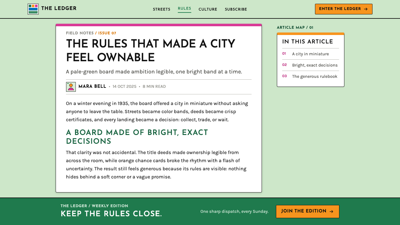 Monopoly (1935) design style applied to a Article page