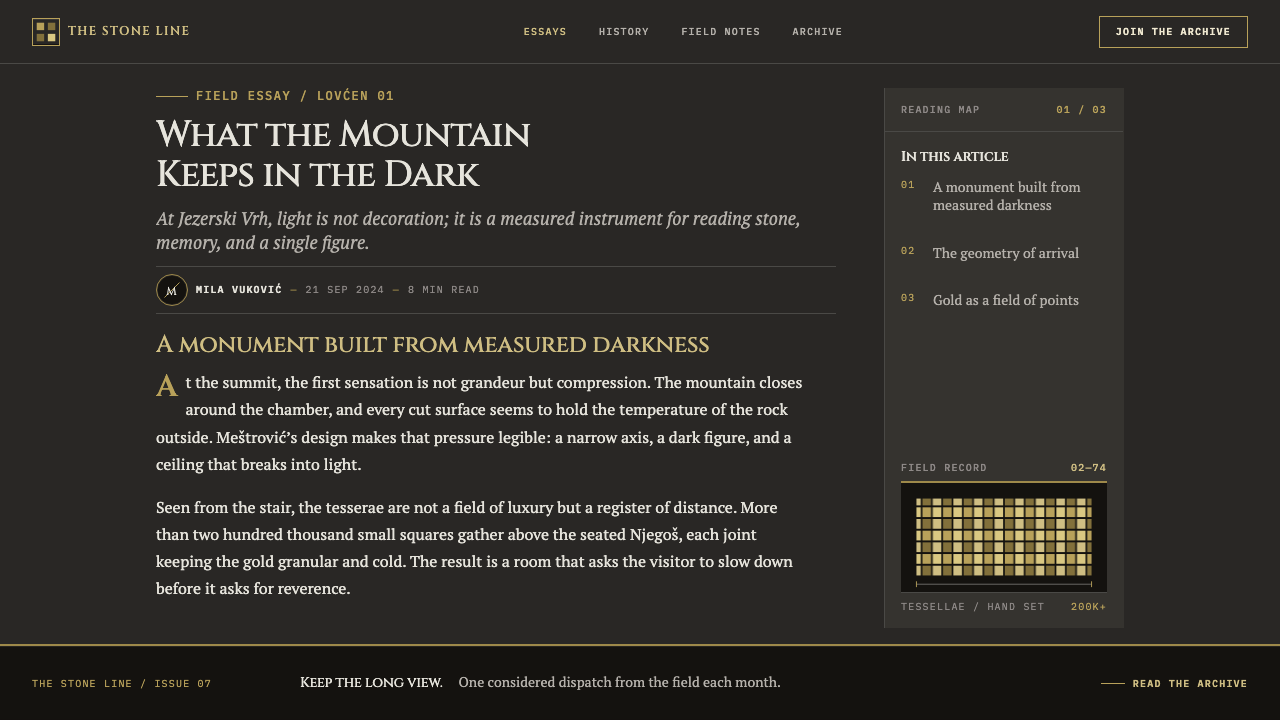 Njegoš Mausoleum design style applied to a Article page