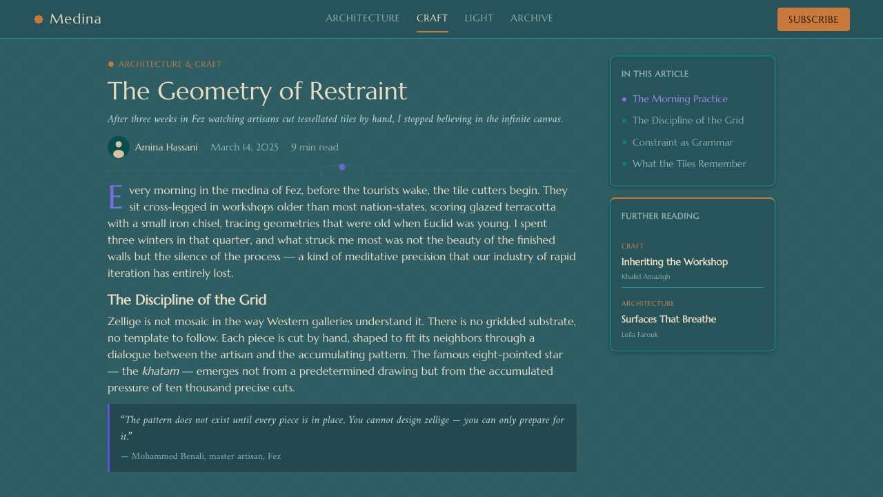 Moroccan Riad design style applied to a Article page