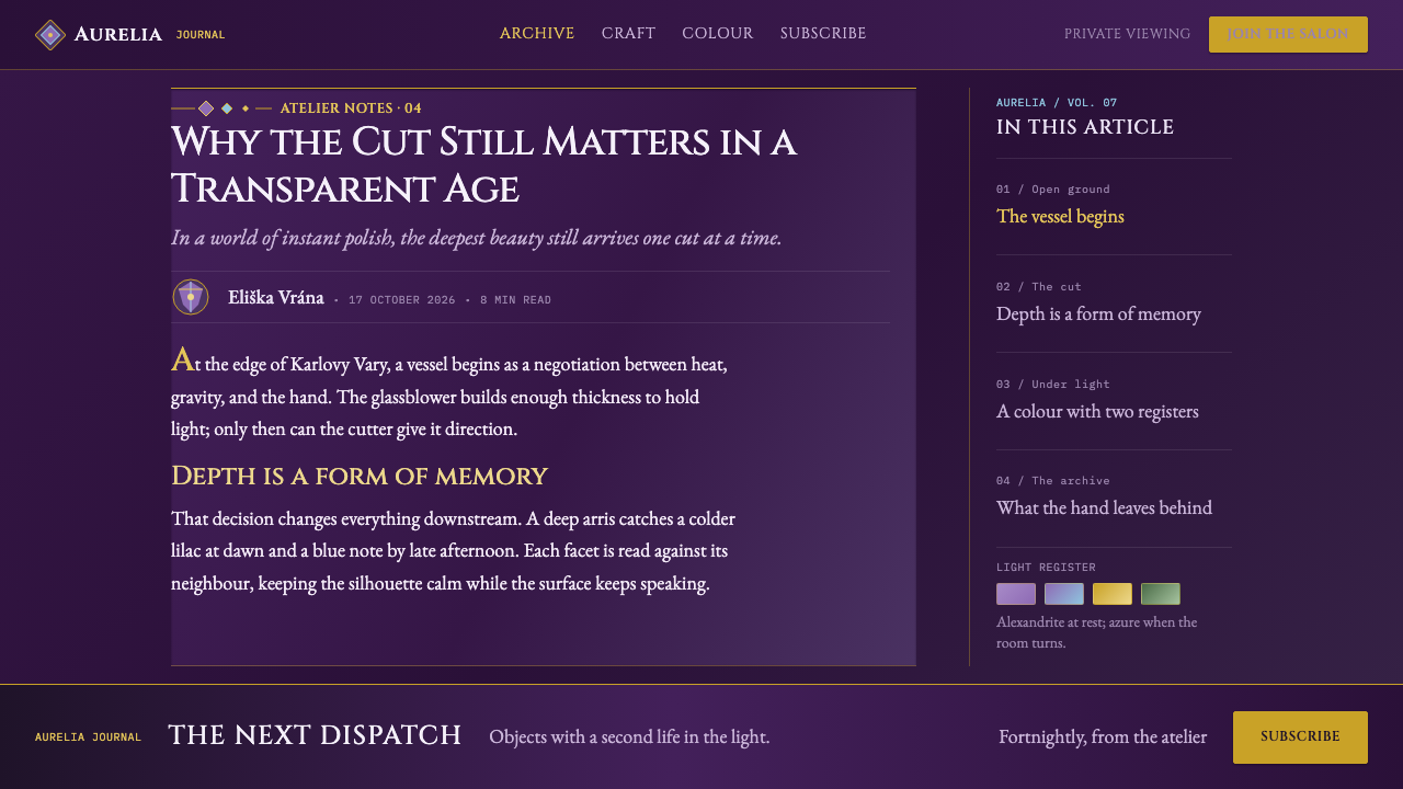 Moser Glass design style applied to an Article page