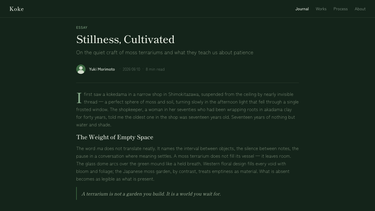 Moss Terrarium design style applied to a Article page