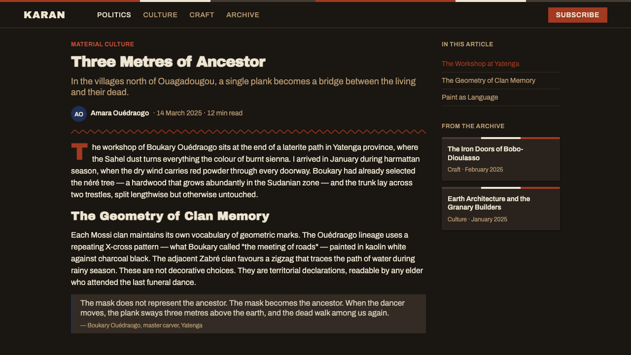 Mossi Burkina Plank Mask design style applied to a Article page