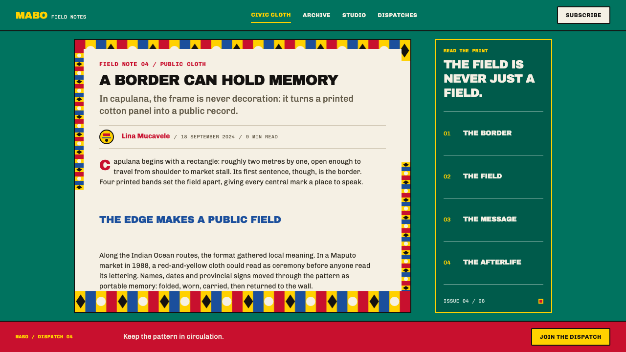 Mozambican Capulana design style applied to a Article page