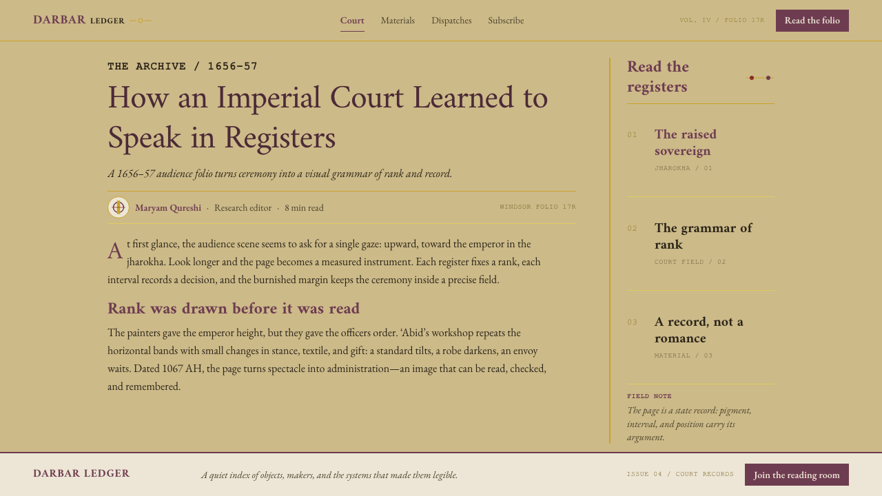 Padshahnama Court Scene design style applied to a Article page