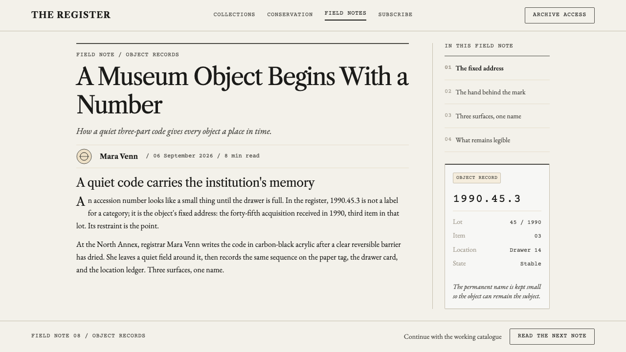 Museum Accession Tag design style applied to an Article page