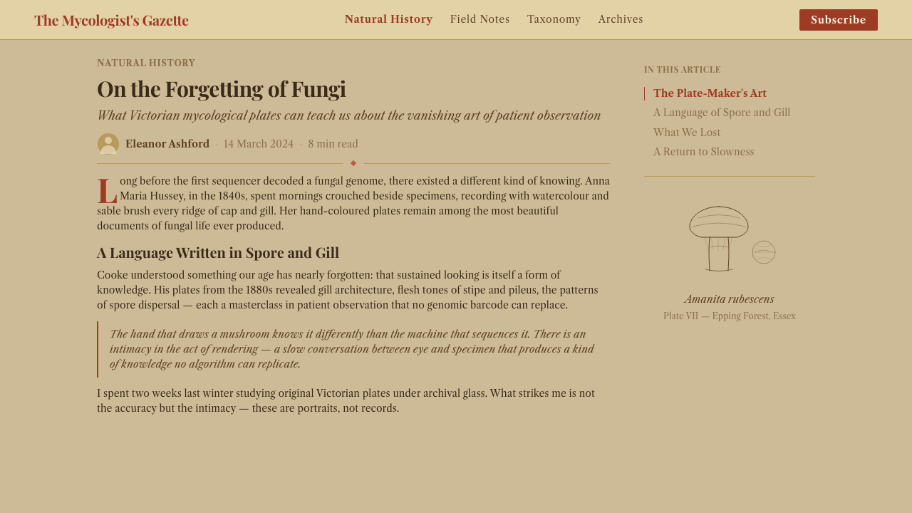 Victorian Mycology Plate design style applied to a Article page
