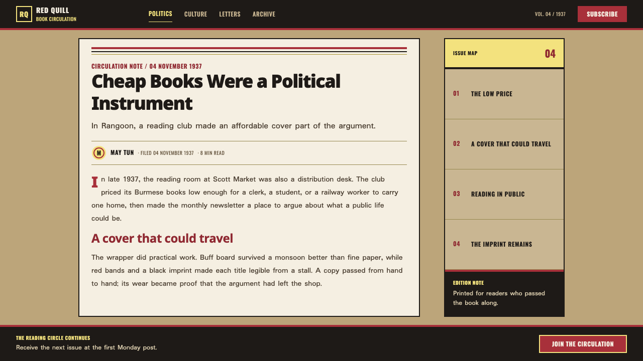 Nagani Book Club design style applied to an Article page