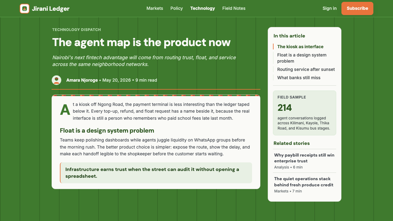 Nairobi Silicon Savannah design style applied to a Article page