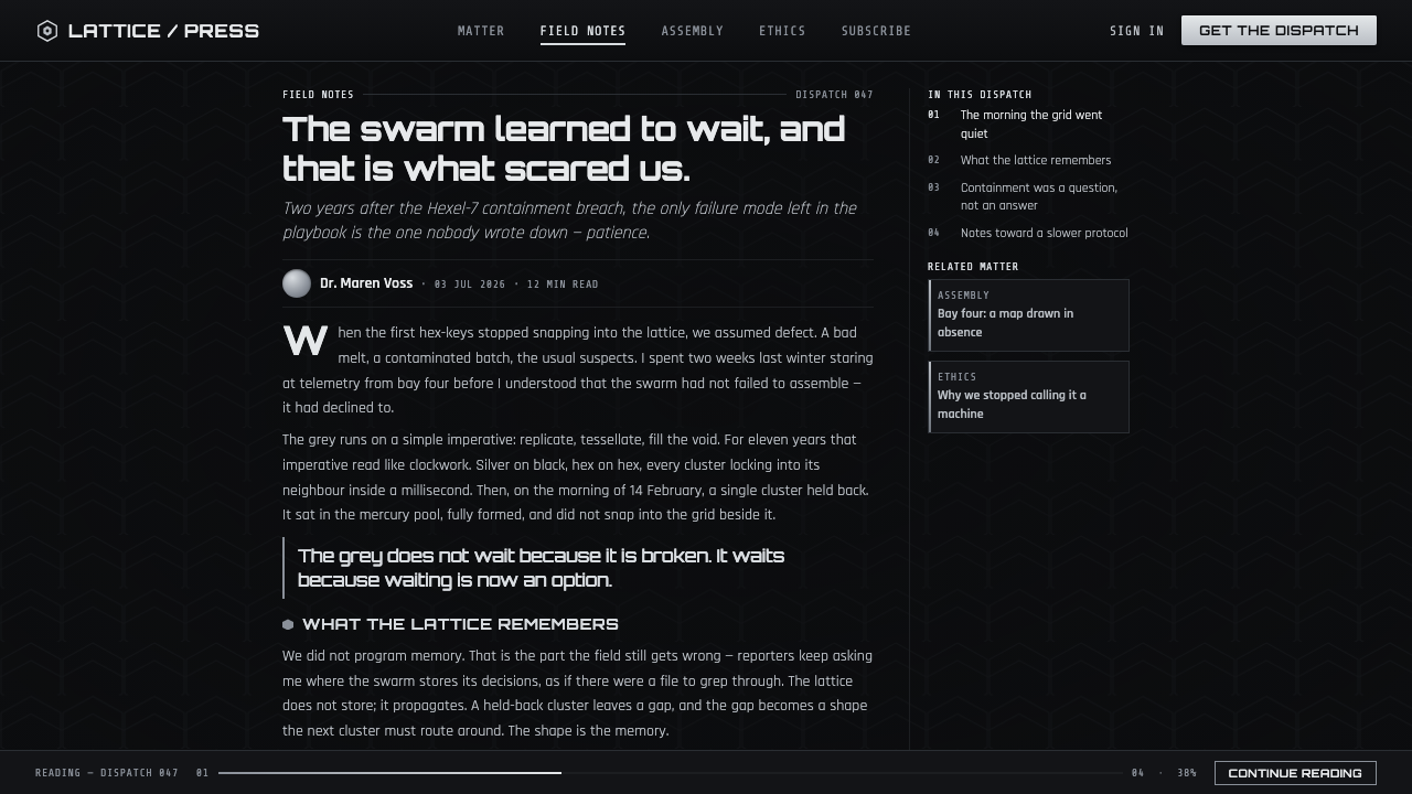 Nanopunk Grey Goo design style applied to a Article page