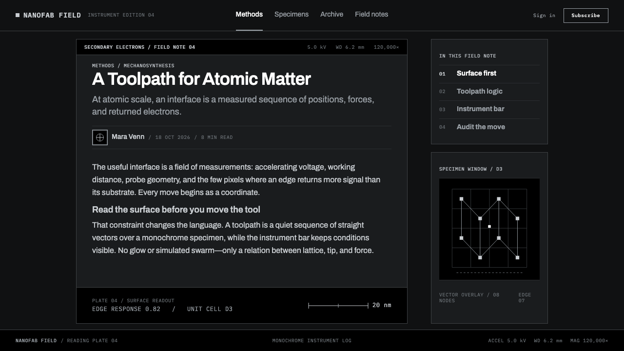 Nanotech Assembler design style applied to a Article page