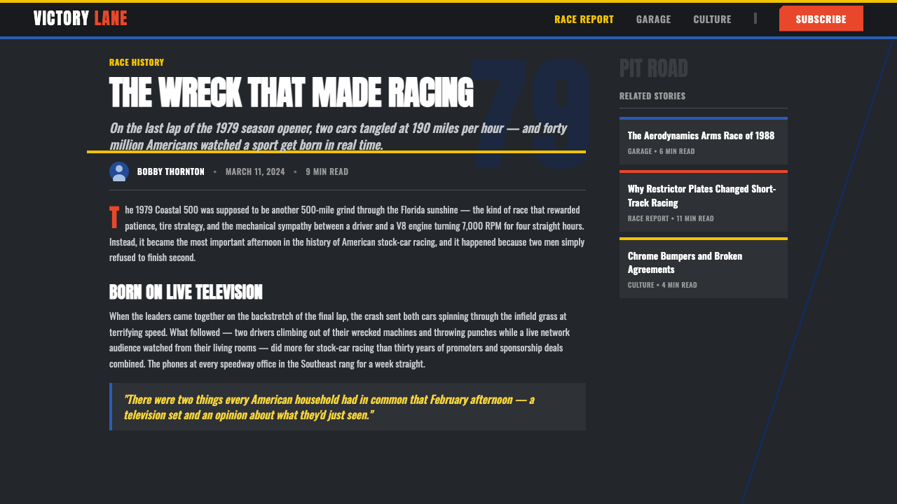NASCAR Stock Car design style applied to a Article page