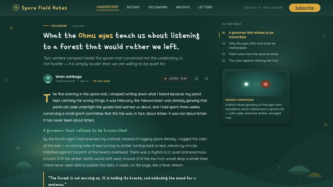 Nausicaä Toxic Jungle design style applied to a Article page