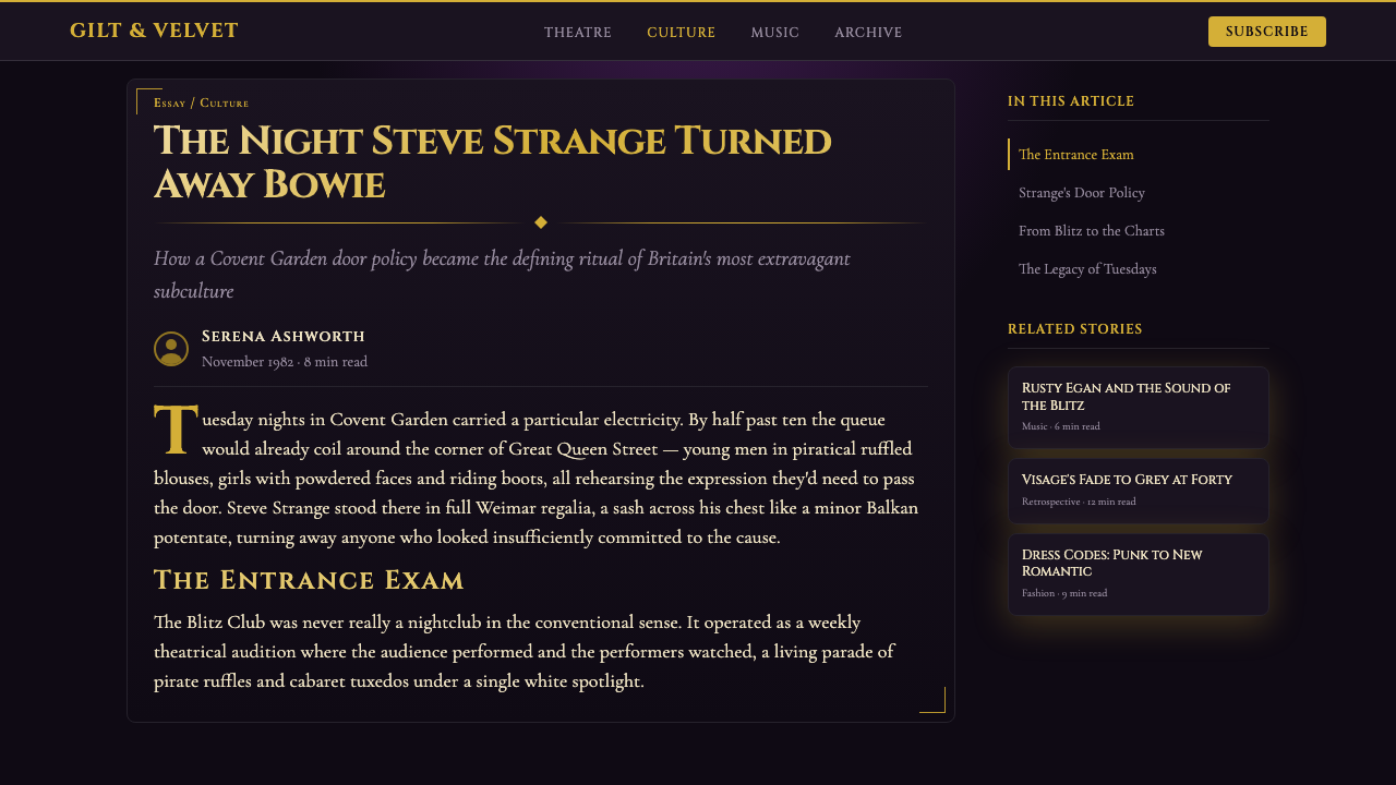 New Romantic Blitz (1980) design style applied to a Article page