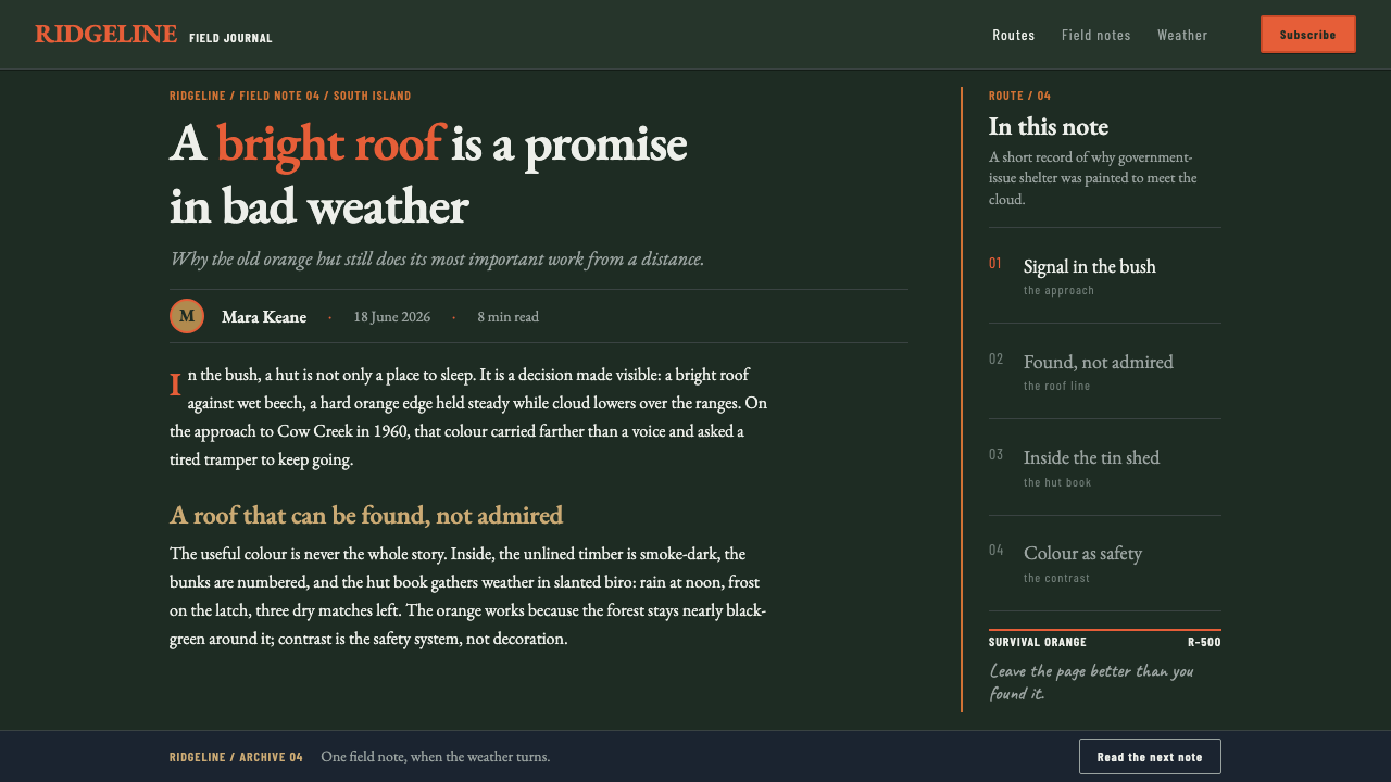 NZ Backcountry Hut design style applied to a Article page
