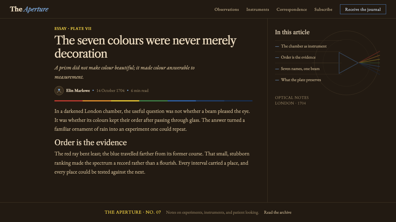 Newton Opticks Spectrum design style applied to a Article page