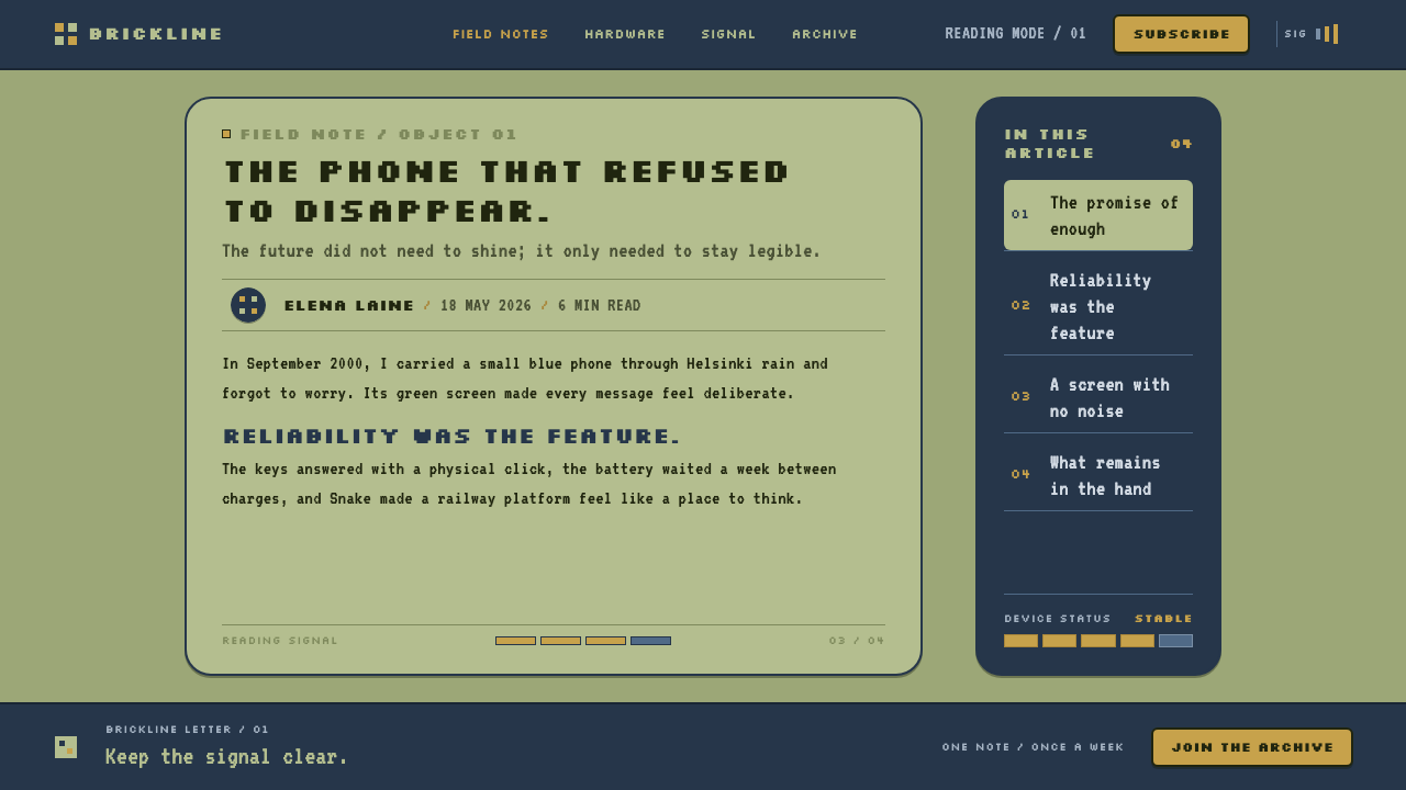 Nokia 3310 (2000) design style applied to a Article page