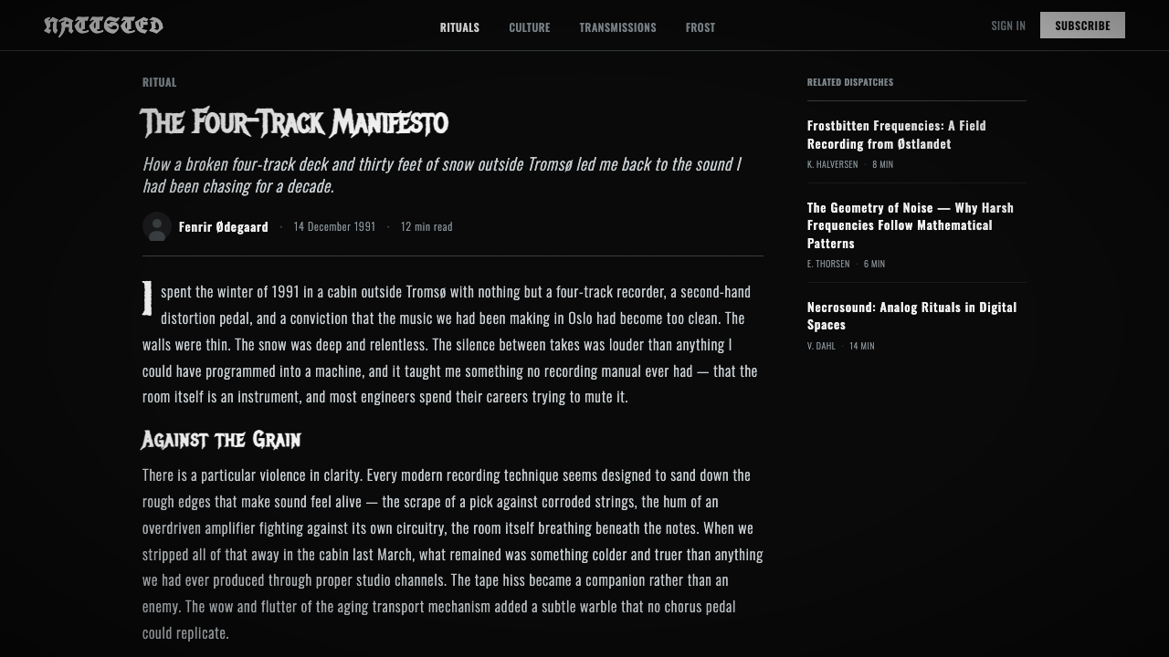 Nordic Black Metal design style applied to a Article page