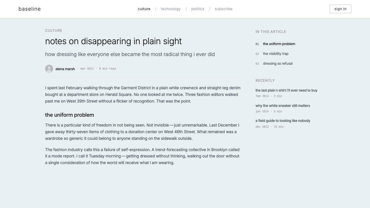Normcore (2014) design style applied to a Article page