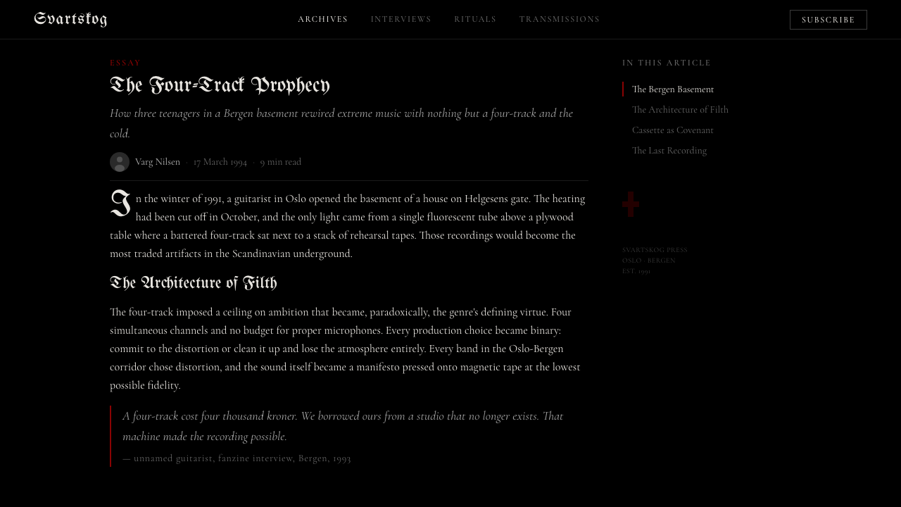 Norwegian Black Metal (1992) design style applied to a Article page
