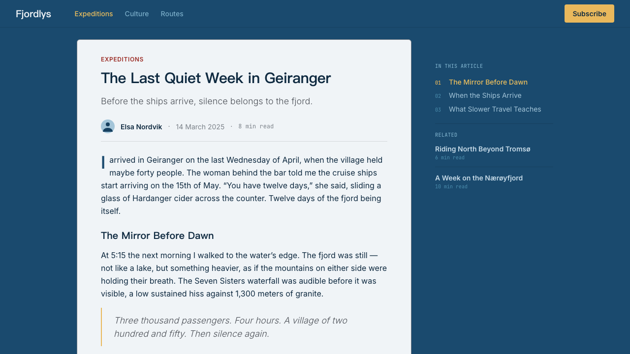 Norwegian Fjord Tourism design style applied to a Article page